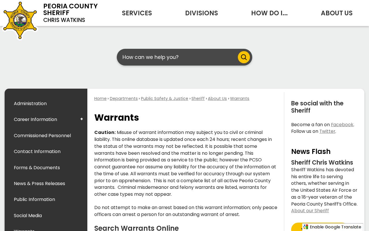 Peoria County criminal warrant records search page